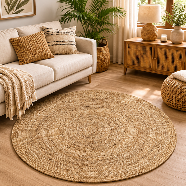 Handmade Round Natural Jute Area Rug - Braided Chunky Boho Circle Floor Mat