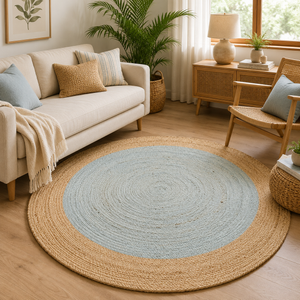 A high-angle view of a modern living room featuring a round braided jute area rug with a pastel light blue center and a natural tan border, styled on light hardwood floors with a cream sofa and a wooden armchair.