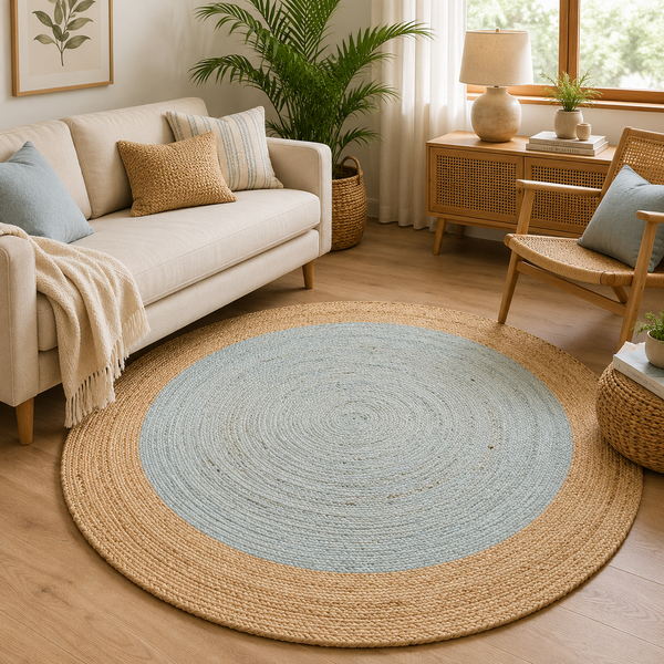 A high-angle view of a modern living room featuring a round braided jute area rug with a pastel light blue center and a natural tan border, styled on light hardwood floors with a cream sofa and a wooden armchair.
