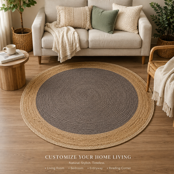 Natural Jute & Charcoal Round Area Rug – Handmade Boho Modern Home Decor