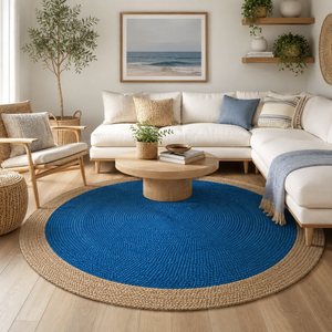 Handwoven Round Jute Rug with Blue Center | Natural Braided Area Rug | Coastal Boho Living Room Rug