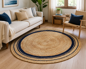 Handwoven Round Jute Rug with Navy Blue Stripes, Natural Braided Area Rug, Boho Farmhouse Living Room Decor