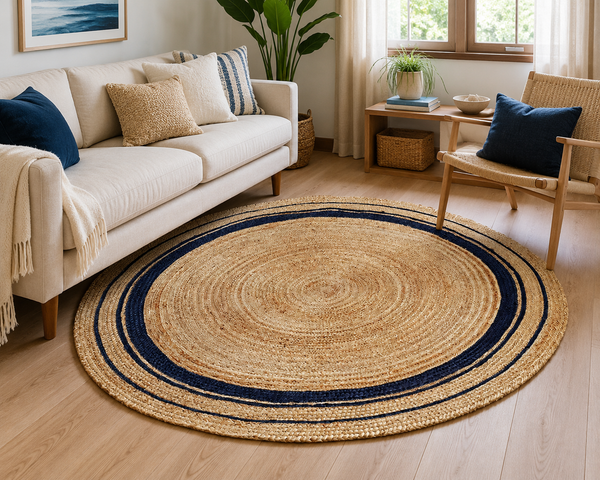Handwoven Round Jute Rug with Navy Blue Stripes, Natural Braided Area Rug, Boho Farmhouse Living Room Decor