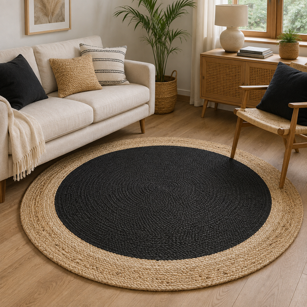 A high-angle view of a modern living room featuring a round braided jute area rug with a large charcoal black center and a natural tan border, placed on light hardwood flooring in front of a beige sofa and wooden armchair.