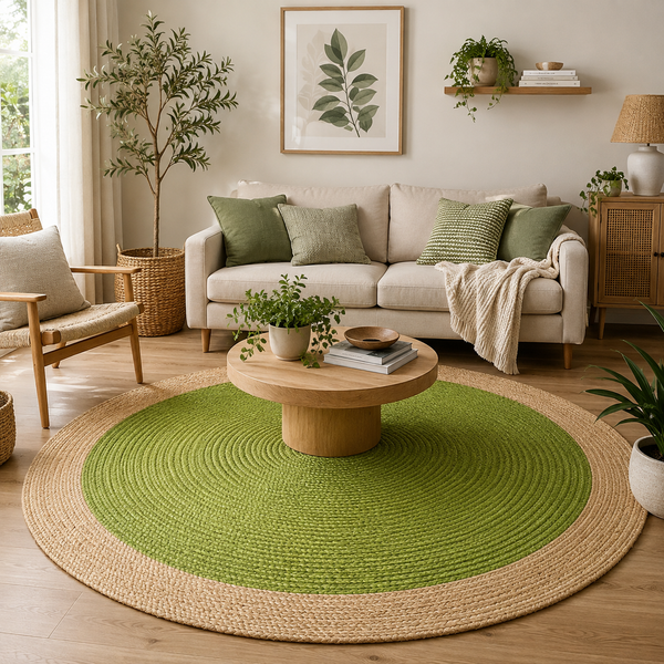 Handwoven Round Jute Rug with Green Center | Natural Braided Area Rug | Boho Farmhouse Living Room Rug