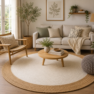 Handwoven Round Jute Rug with Natural Border | Ivory Braided Area Rug | Boho Farmhouse Living Room Rug
