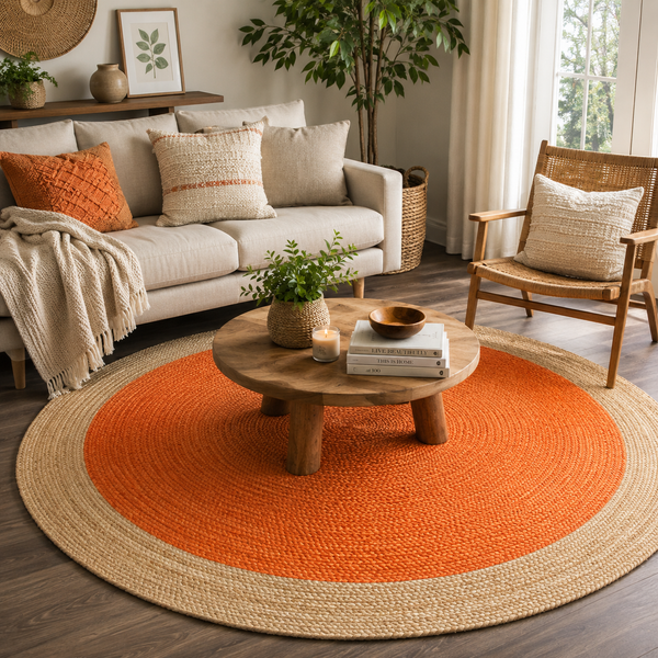 Handwoven Orange Jute Rug Natural Border Round Area Rug Boho Farmhouse Living Room