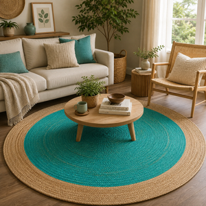 Handwoven Round Jute Rug with Turquoise Center | Natural Braided Area Rug | Coastal Boho Living Room Rug