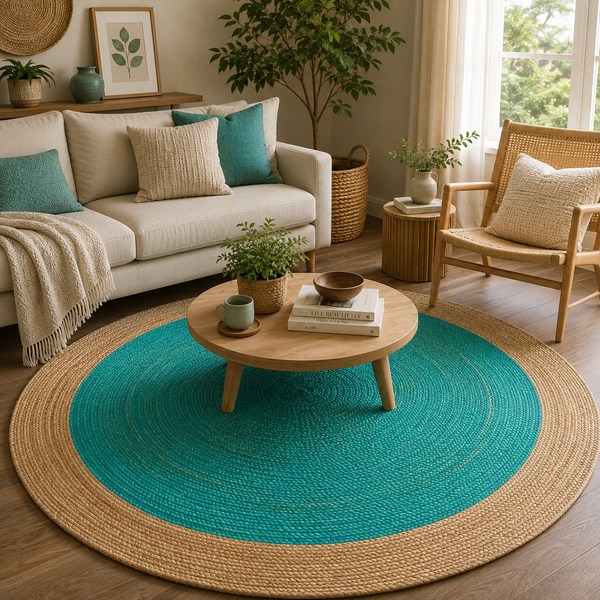Handwoven Round Jute Rug with Turquoise Center | Natural Braided Area Rug | Coastal Boho Living Room Rug