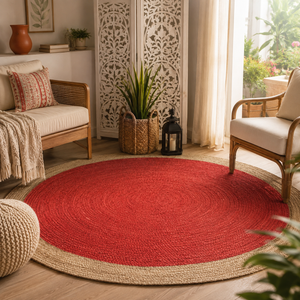 Handwoven Red Jute Round Rug with Natural Border Braided Boho Area Rug