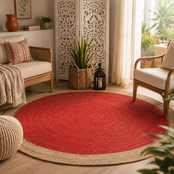 Handwoven Red Jute Round Rug with Natural Border Braided Boho Area Rug