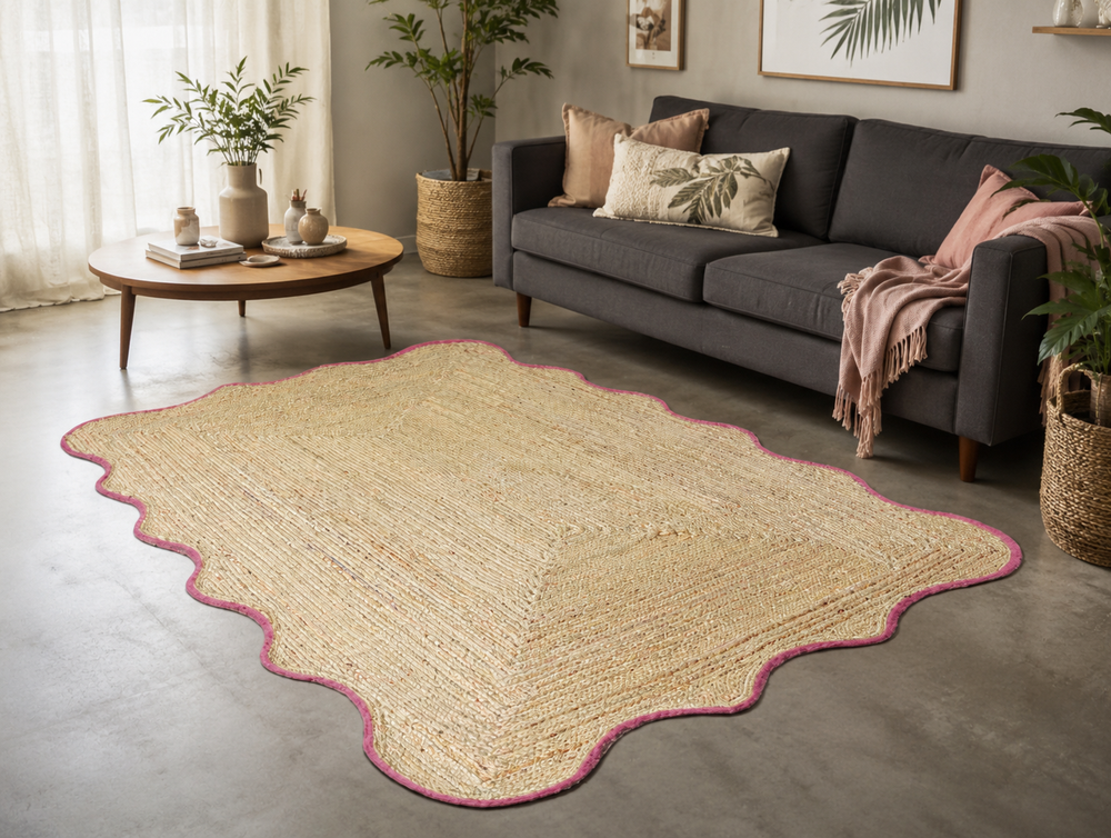 Handwoven natural jute scalloped area rug with elegant pink border for modern boho living room decor.