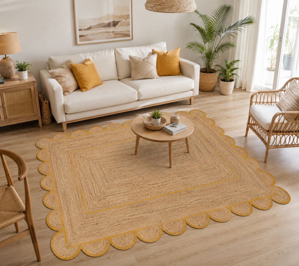 Handmade natural jute scalloped area rug with mustard border in a modern boho living room