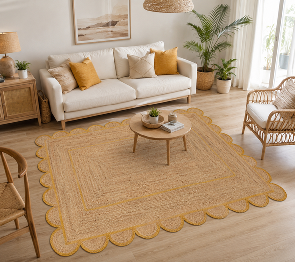 Handmade Natural Jute Area Rug with Border Scalloped Edge Braided Floor Mat