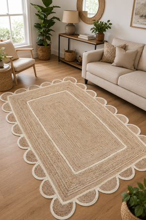 Handmade Natural Jute Area Rug with Border Scalloped Edge Braided Floor Mat