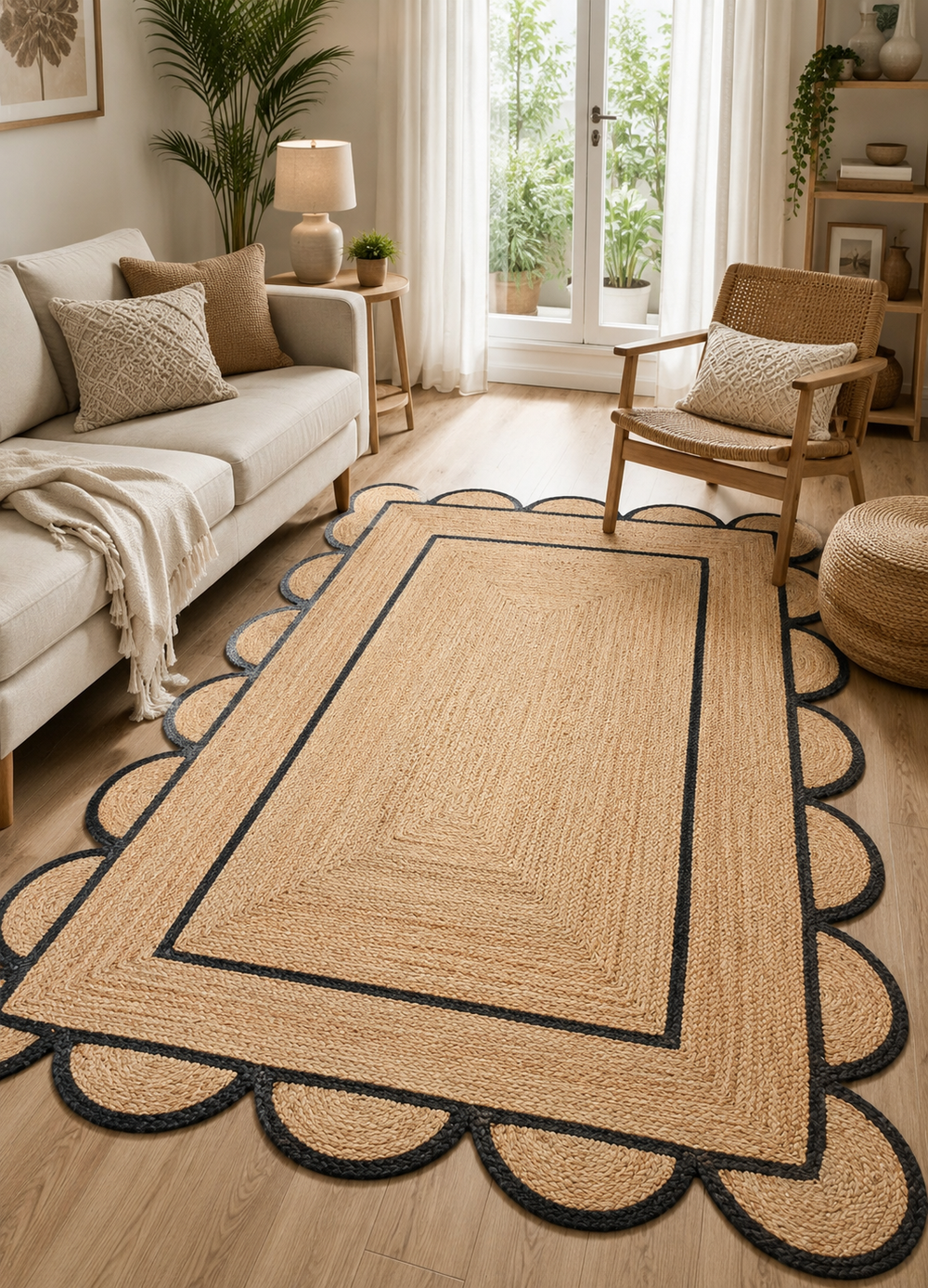 Handwoven Natural Jute Scalloped Area Rug with Black Border Modern Boho Farmhouse Living Room