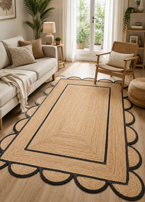 Handmade Natural Jute Area Rug with Border Scalloped Edge Braided Floor Mat