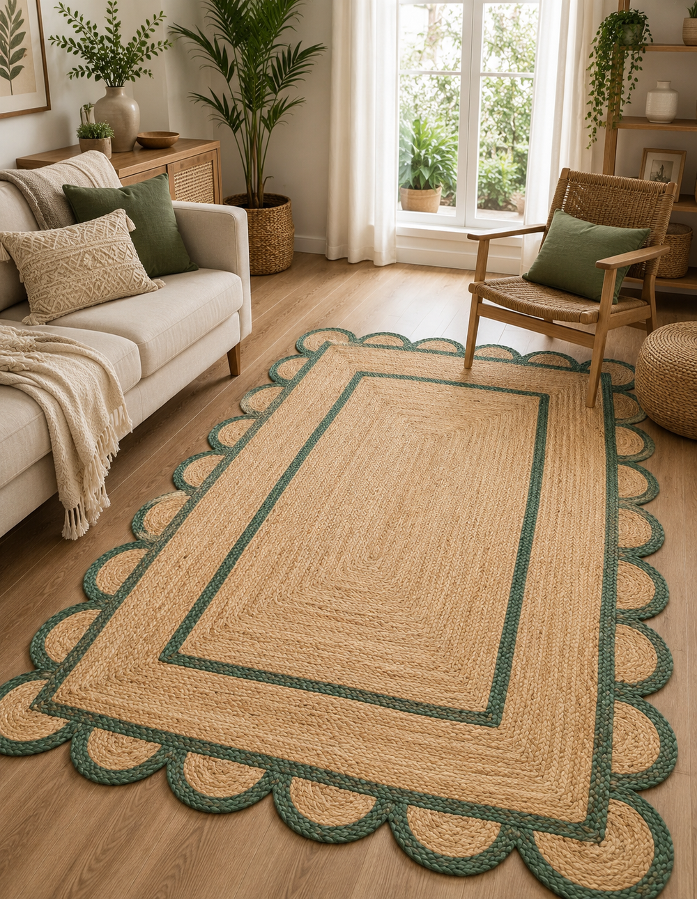Handwoven natural jute scalloped area rug with sage green border styled in a modern Scandinavian living room.
