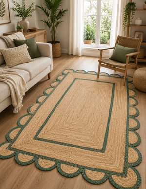 Handwoven natural jute scalloped area rug with sage green border styled in a modern Scandinavian living room.