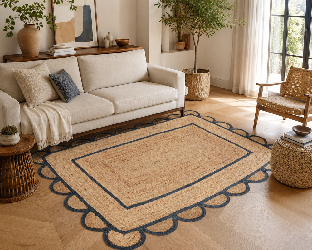 Handwoven natural jute area rug with navy blue scalloped border, eco-friendly braided rectangular rug for modern boho farmhouse living room decor.