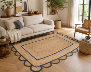 Handwoven natural jute area rug with navy blue scalloped border, eco-friendly braided rectangular rug for modern boho farmhouse living room decor.