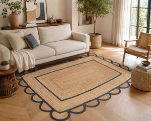 Handmade Natural Jute Area Rug with Border Scalloped Edge Braided Floor Mat