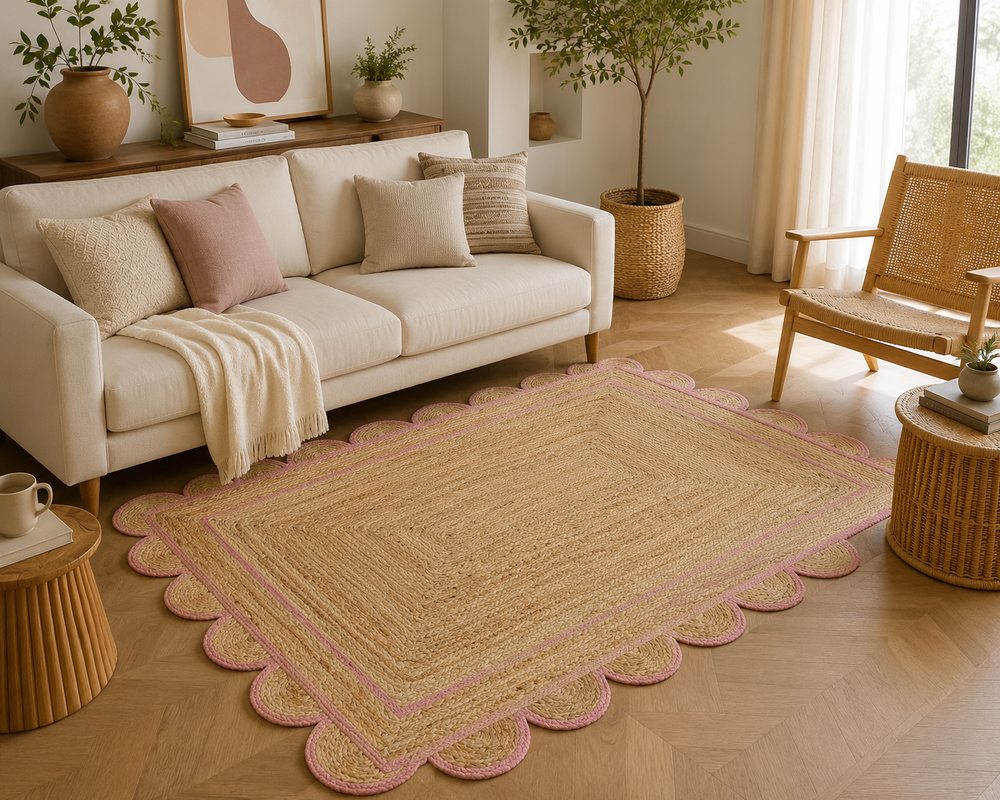 Handwoven natural jute area rug with a soft pink scalloped border styled in a modern Scandinavian living room featuring neutral furniture and natural wood flooring.