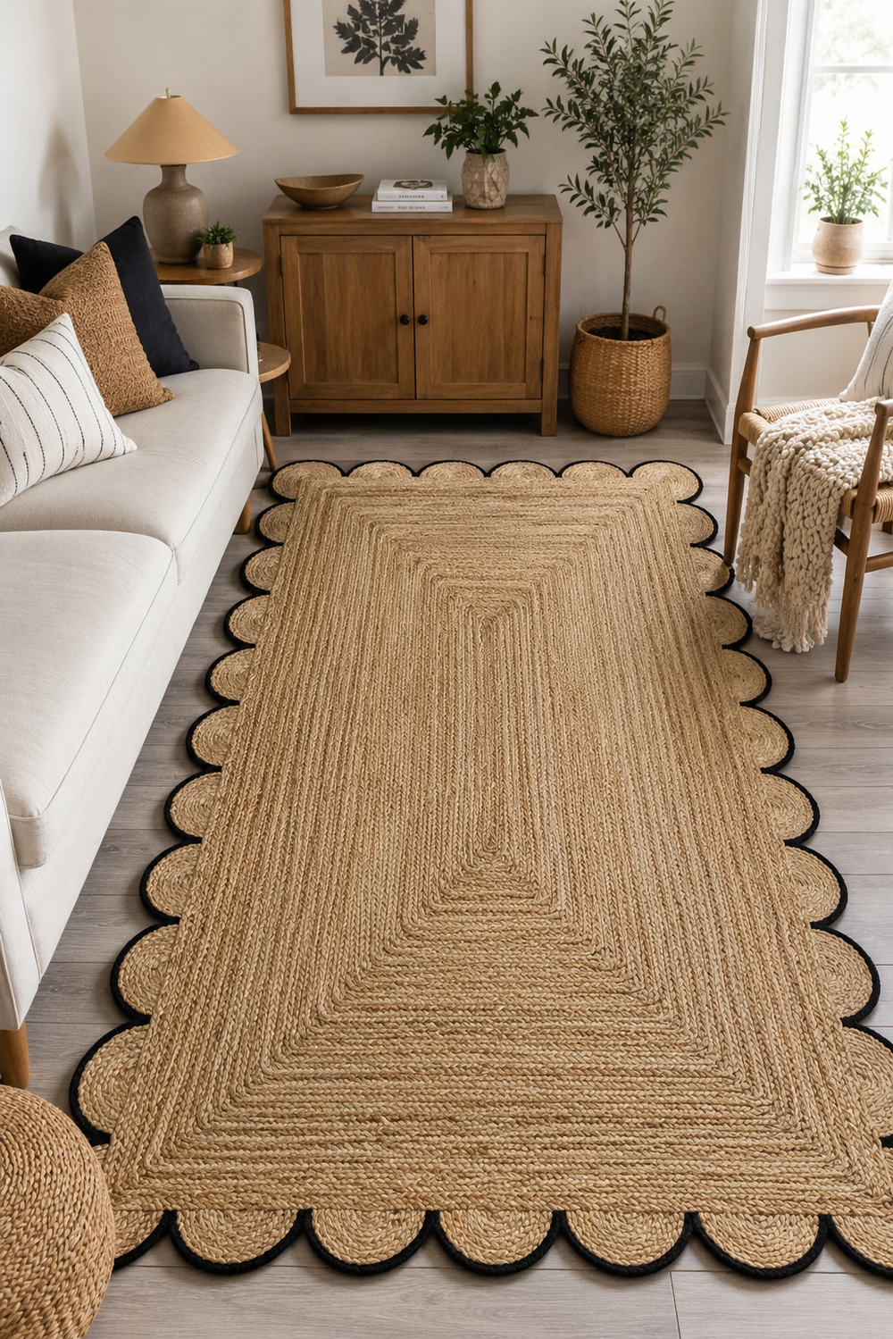 Handmade natural braided jute rug with black scalloped border displayed in a modern boho living room, eco-friendly woven area rug for living room, bedroom, farmhouse and minimalist home decor.