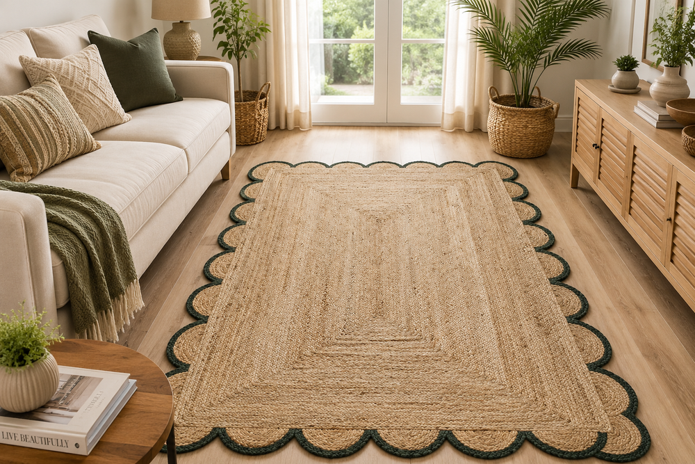 Handmade Scalloped Jute Rug with Dark Forest Green Border Natural Braided Area Rug