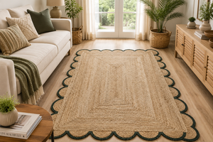 Handmade Scalloped Jute Rug with Dark Forest Green Border Natural Braided Area Rug