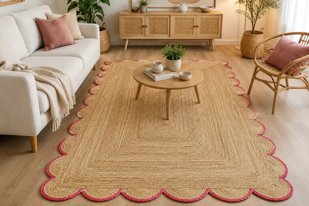 Handwoven natural jute area rug with pink scalloped border in a modern Scandinavian living room.