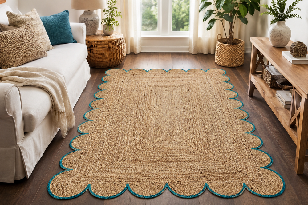 Scalloped Jute Rug with Teal Border Handmade Natural Area Rug Boho Living Room Rug