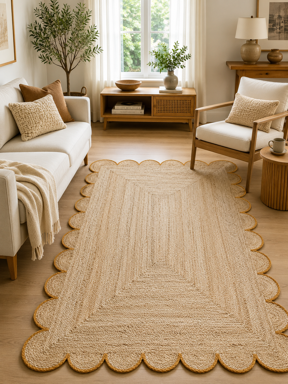 Handwoven Natural Jute Area Rug with Mustard Scalloped Border Styled in a Modern Scandinavian Living Room
