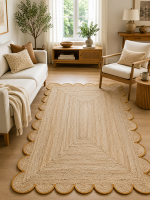 Handwoven Natural Jute Area Rug with Mustard Scalloped Border Styled in a Modern Scandinavian Living Room