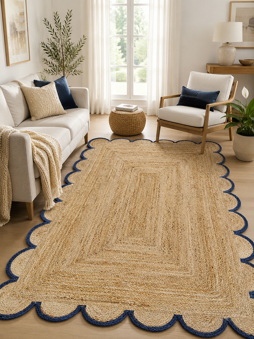 Handwoven natural jute area rug with navy blue scalloped border styled in a modern Scandinavian living room.