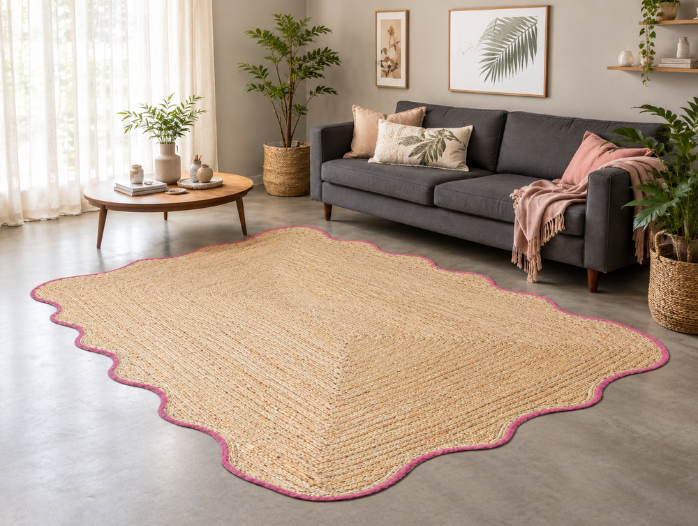 Handwoven Natural Jute Scalloped Rug with Pink Border Handmade Boho Area Rug