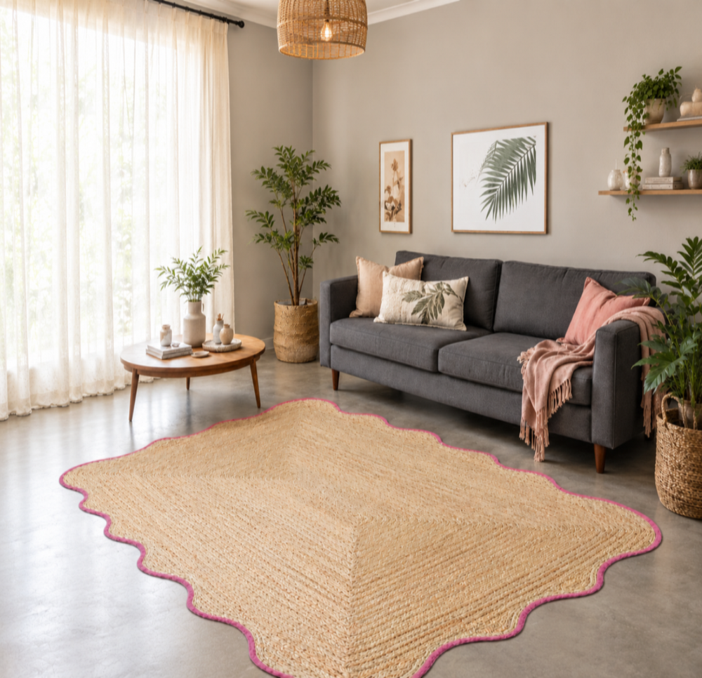 Handwoven Natural Jute Scalloped Rug with Pink Border Handmade Boho Area Rug