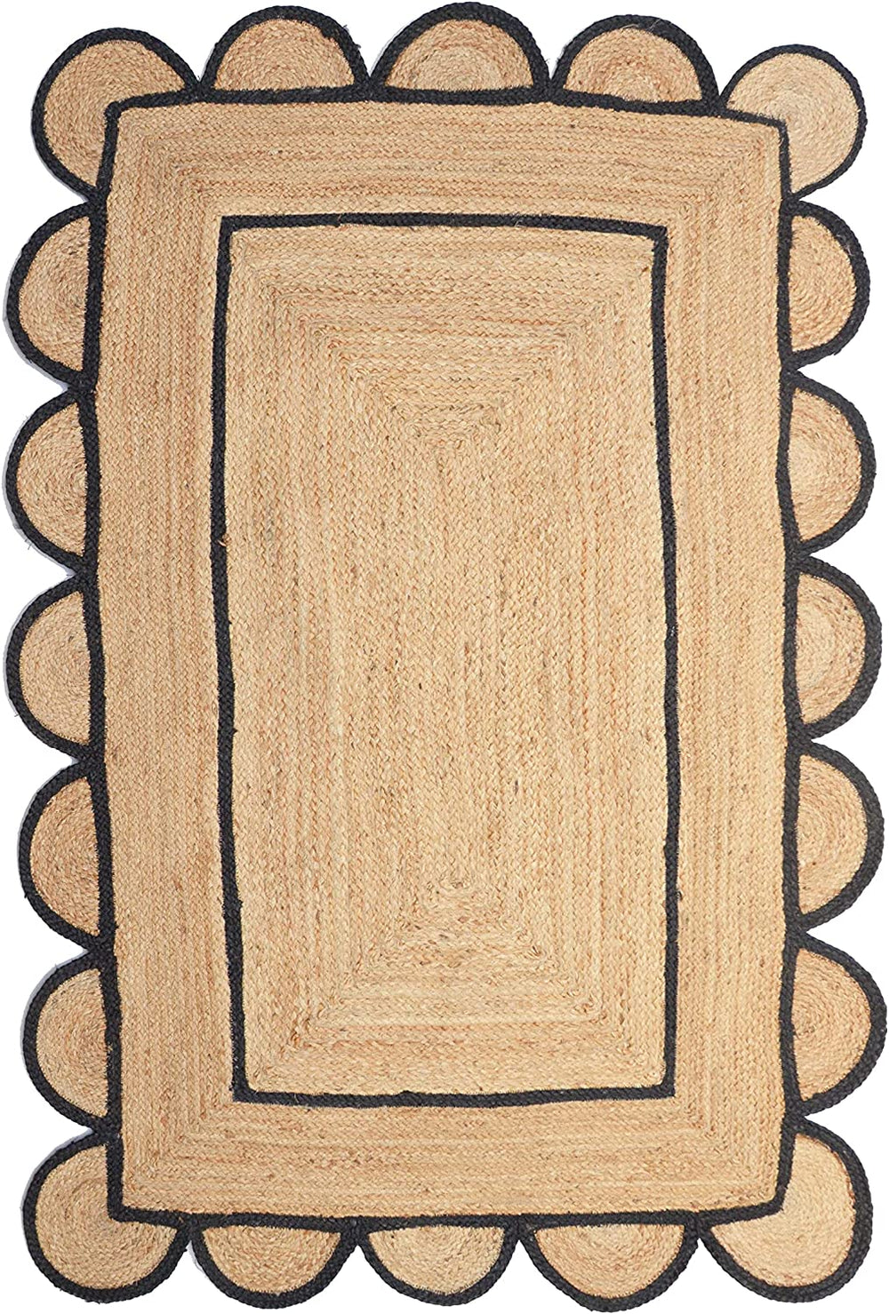 Handwoven Natural Jute Scalloped Area Rug with Black Border Modern Boho Farmhouse Living Room