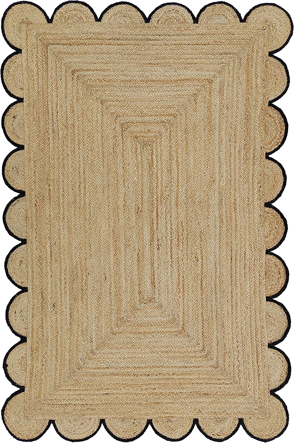 Handmade natural braided jute rug with black scalloped border displayed in a modern boho living room, eco-friendly woven area rug for living room, bedroom, farmhouse and minimalist home decor.