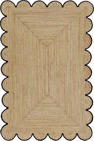 Hand-Braided Hemp Jute Rug with Coloured Scalloped Border - Rustic Bohemian Elegance