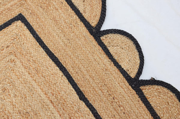 Handwoven Natural Jute Scalloped Area Rug with Black Border Modern Boho Farmhouse Living Room