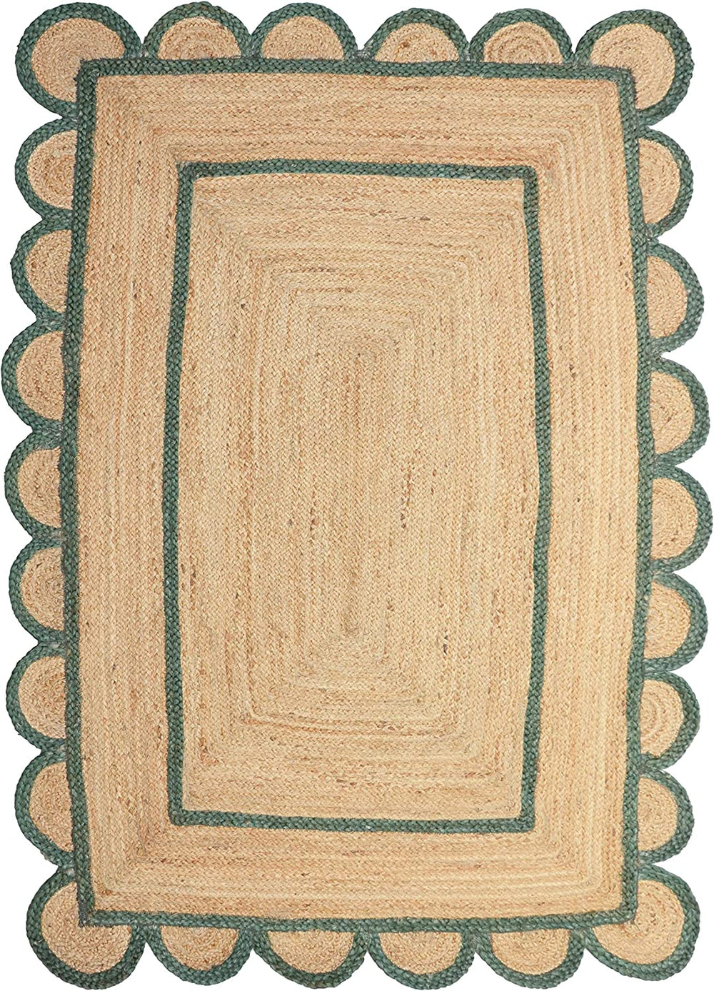 Handwoven natural jute scalloped area rug with sage green border styled in a modern Scandinavian living room.