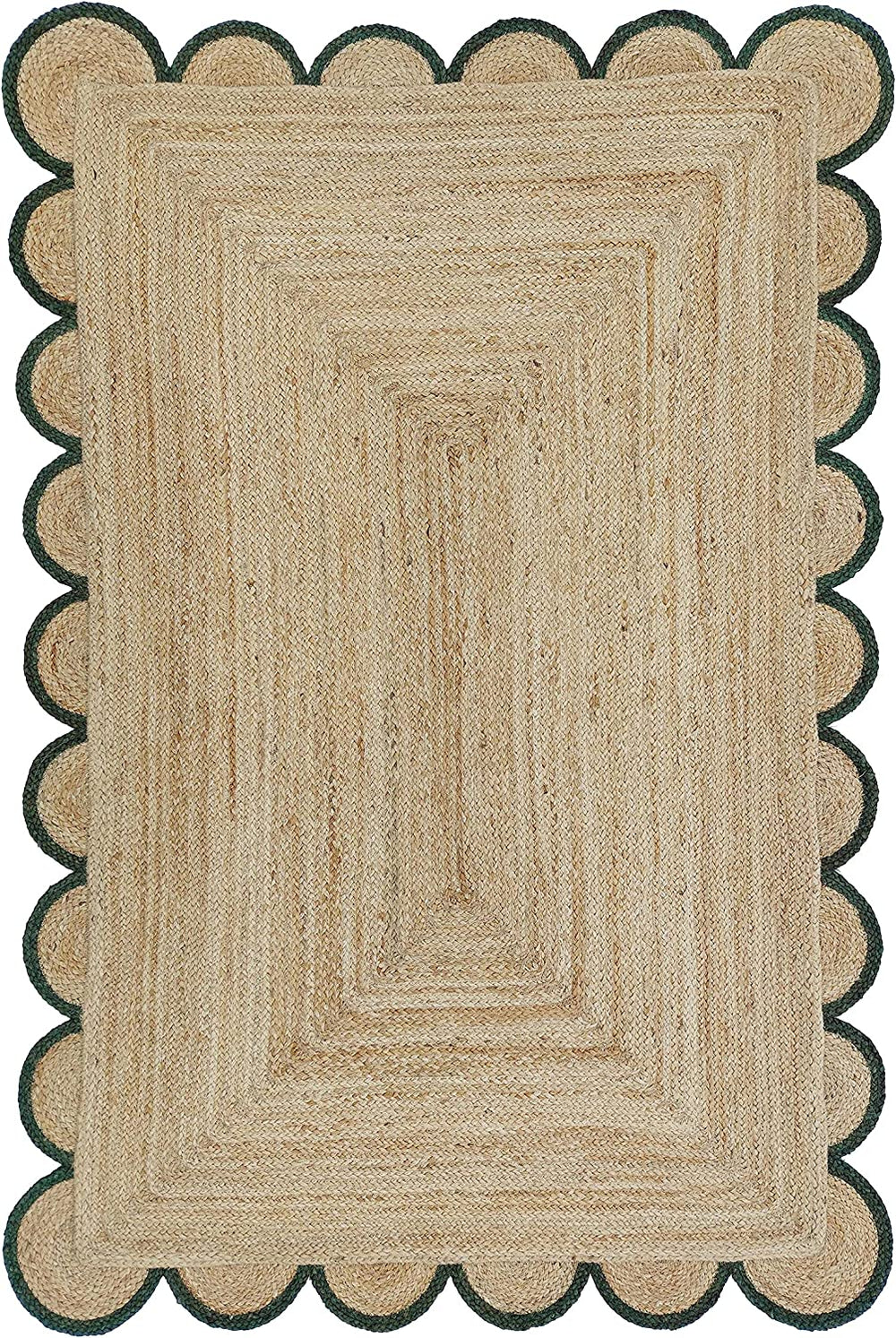 Handmade Scalloped Jute Rug with Dark Forest Green Border Natural Braided Area Rug