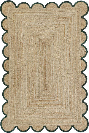 Handmade Scalloped Jute Rug with Dark Forest Green Border Natural Braided Area Rug