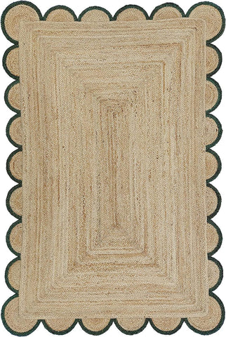 Hand-Braided Hemp Jute Rug with Coloured Scalloped Border - Rustic Bohemian Elegance