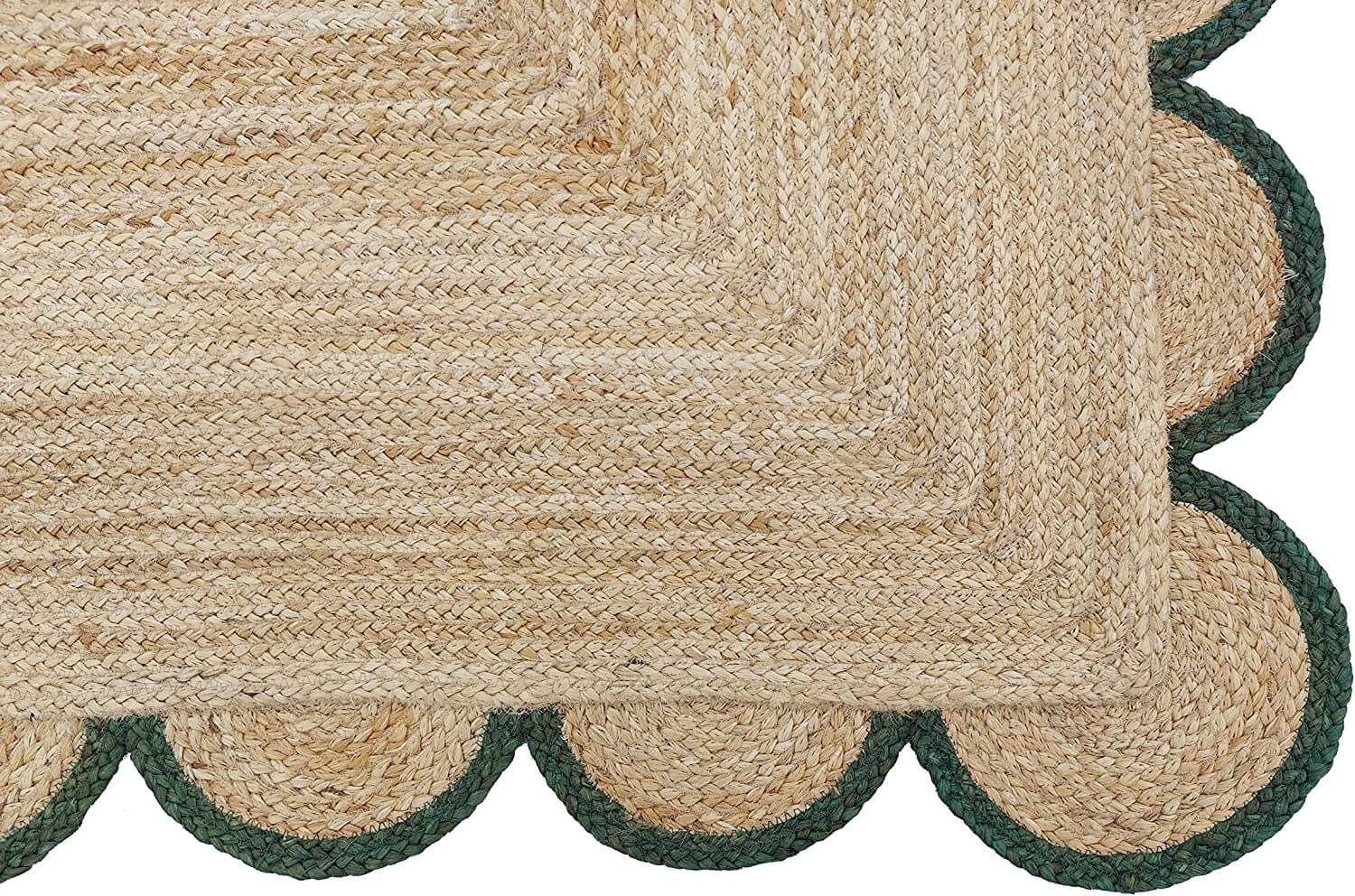 Hand-Braided Hemp Jute Rug with Coloured Scalloped Border - Rustic Bohemian Elegance