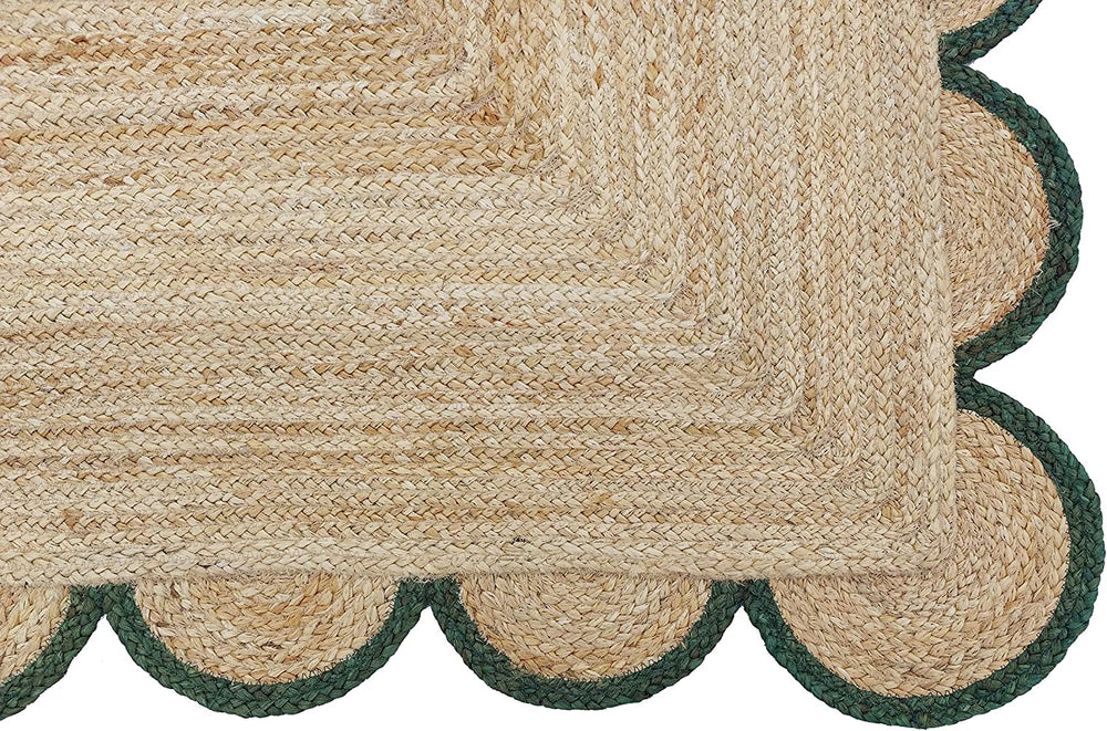Handmade Scalloped Jute Rug with Dark Forest Green Border Natural Braided Area Rug