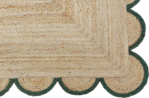 Hand-Braided Hemp Jute Rug with Coloured Scalloped Border - Rustic Bohemian Elegance