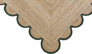 Handmade Scalloped Jute Rug with Dark Forest Green Border Natural Braided Area Rug