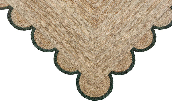 Handmade Scalloped Jute Rug with Dark Forest Green Border Natural Braided Area Rug